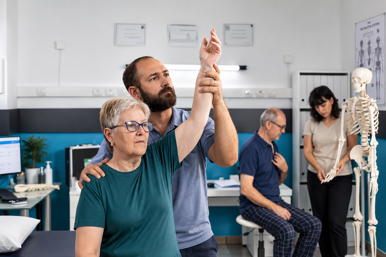 Students learning physiotherapy assessment with an anatomy model