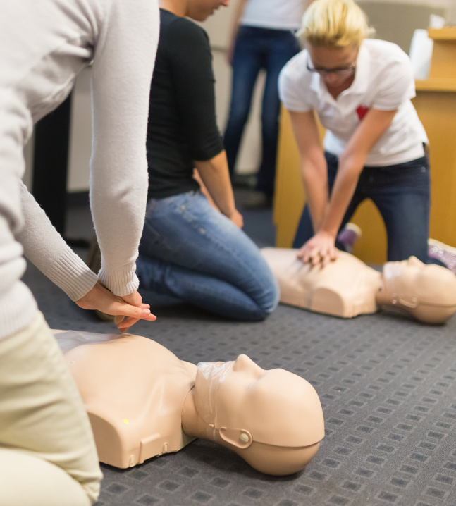 Learners practising CPR on training mannequins