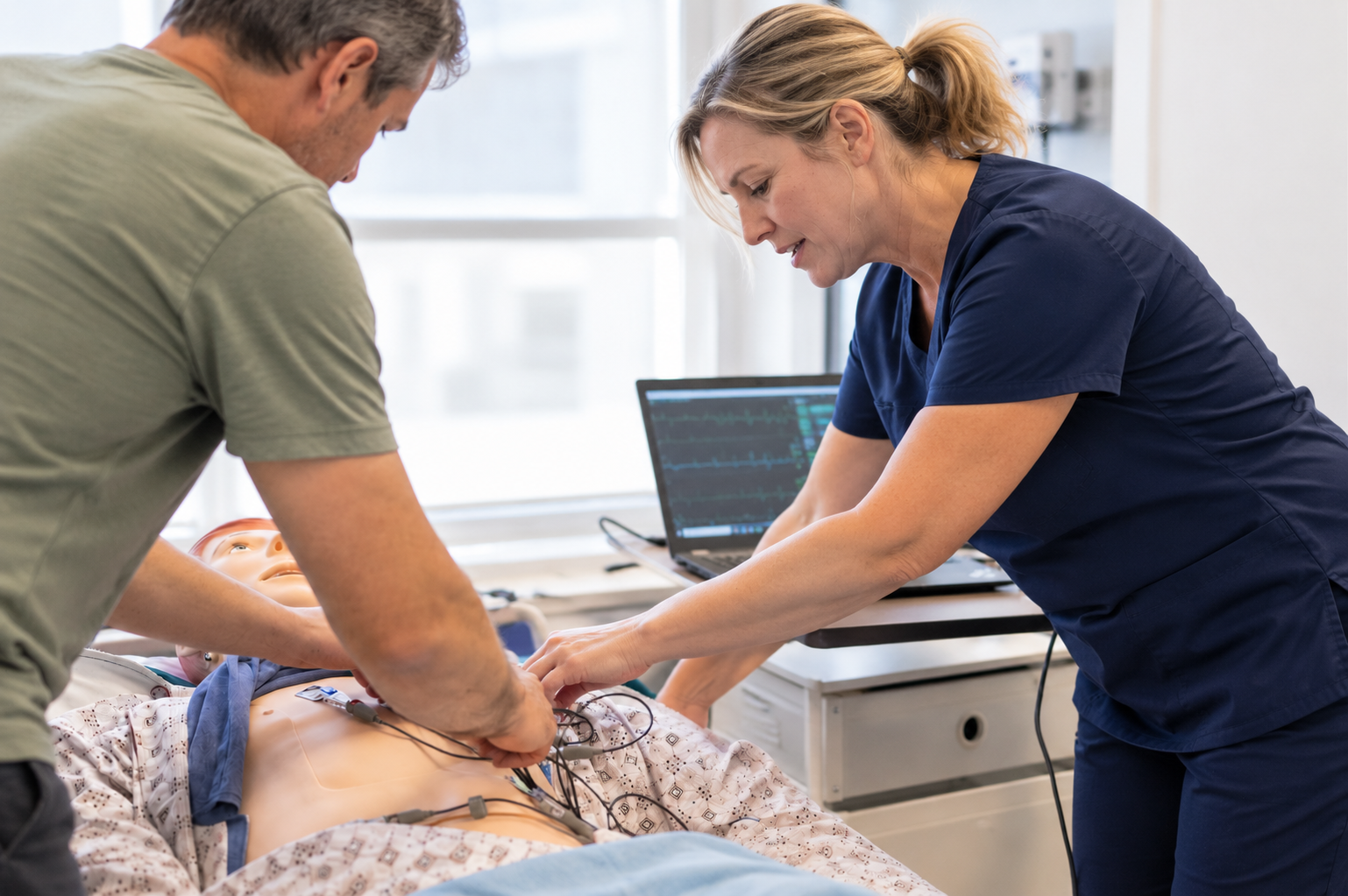 Two learners placing ECG electrode leads on a simulation mannequin while a monitor displays heart rhythms
