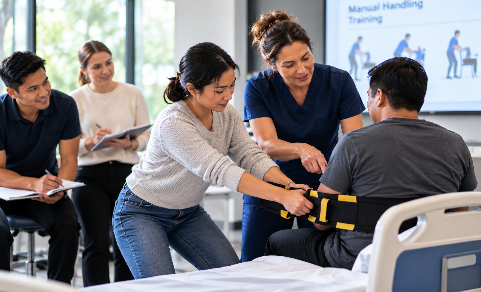 Ernest students practising safe manual handling in a training ward