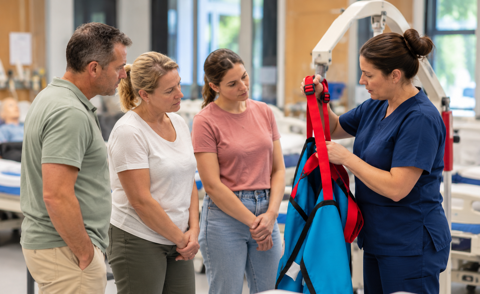 Trainer demonstrating a clinical sling in a skills lab