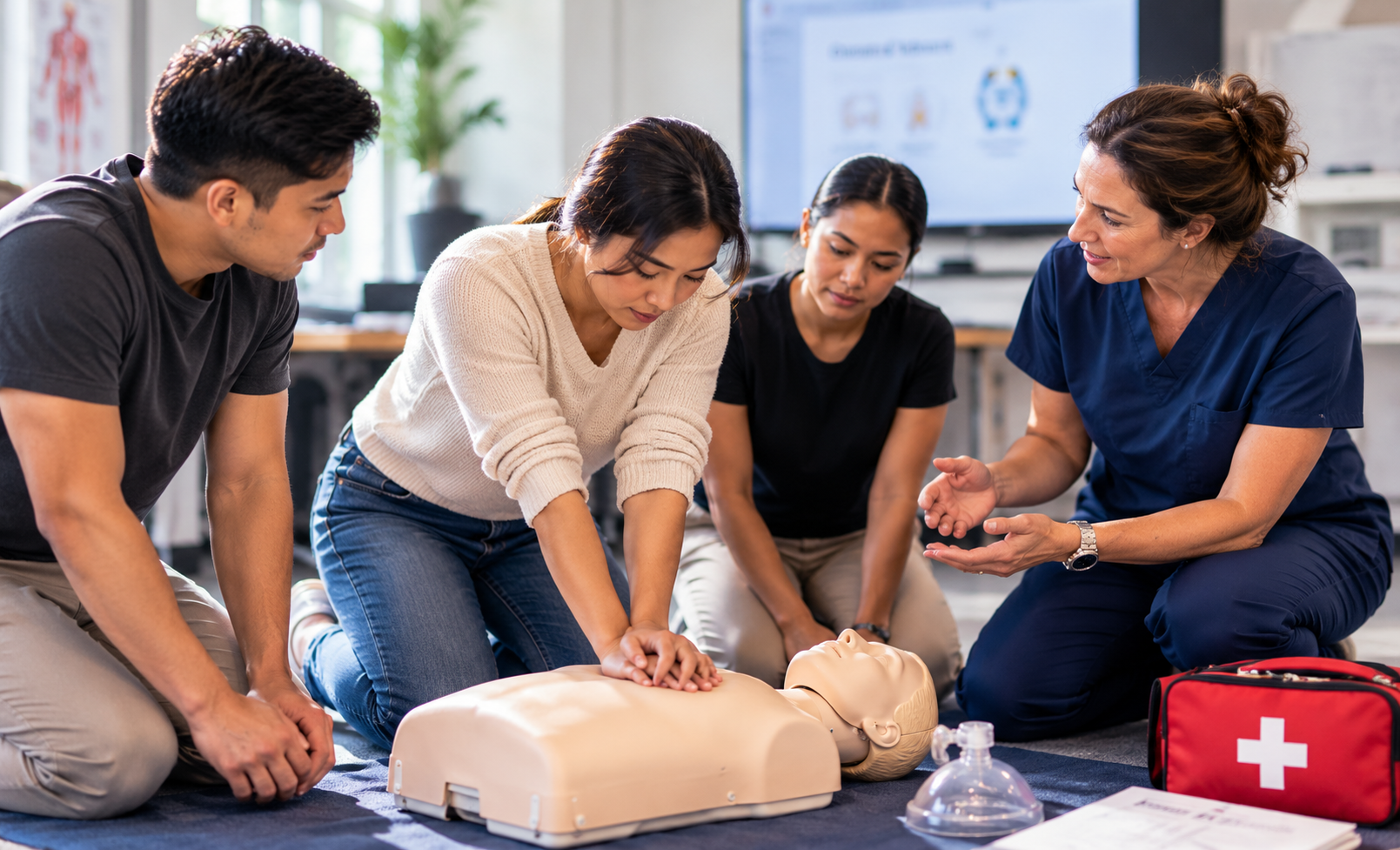 Students practising CPR on a training mannequin during a hands-on session